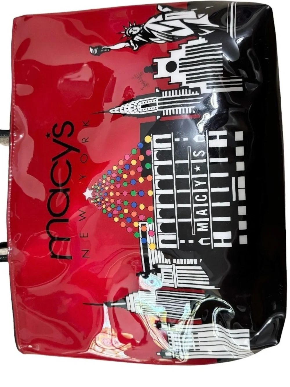 Macy's Red & Black Patent Cityscape Tote w/ Macy's Christmas Tree